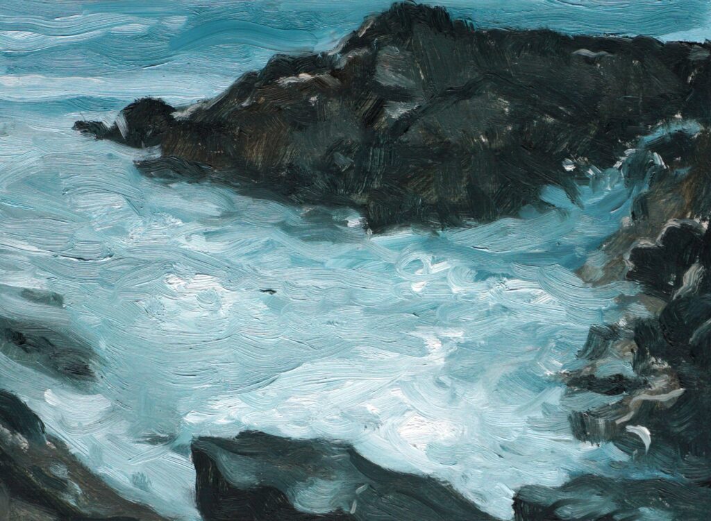 oil painting of sea and rocks