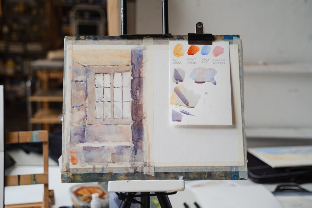 Watercolour painting on an easel