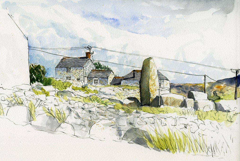 A watercolour sketch of houses with foliage in the foreground by Eleanor Crow