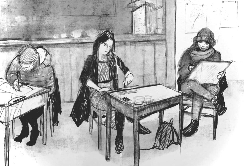 Pencil drawing of people in classroom by Steven Buckler