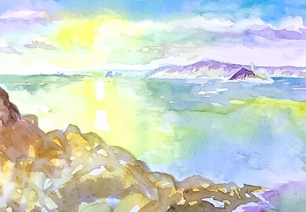 Ocean-scene-in-watercolour-hilary-jean-gibson-light-reflecting-on-ocean