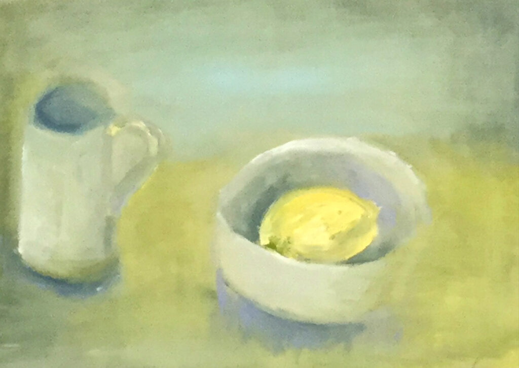 oil painting of a jug with a bowl next to it for the approaching painting course with Liz Luckwell and Marion Taylor