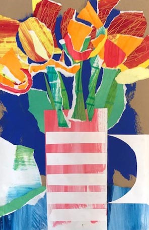 Collage of tulips in jar inspired by David Hockney