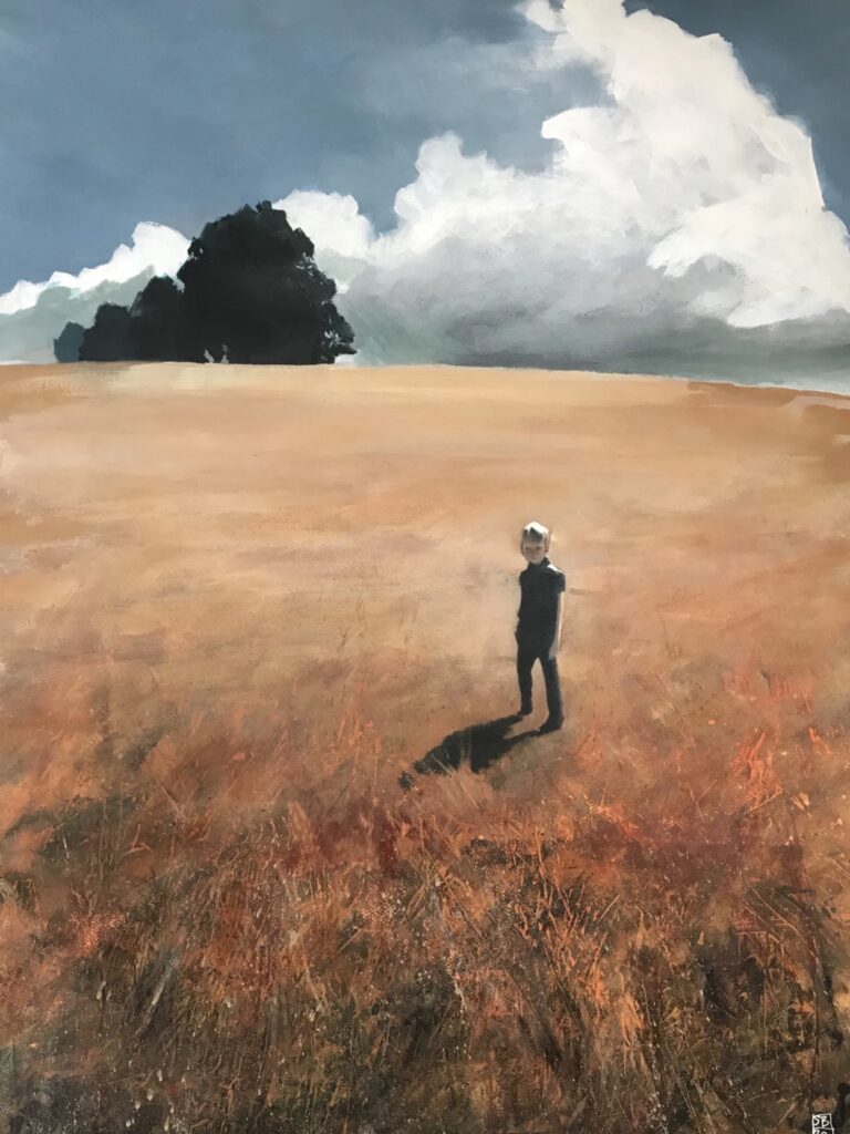 Painting of boy stood in field with clouds in background by Steven Buckler