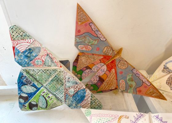 Origami butterfly examples from kids' workshop in half term with Alessandra