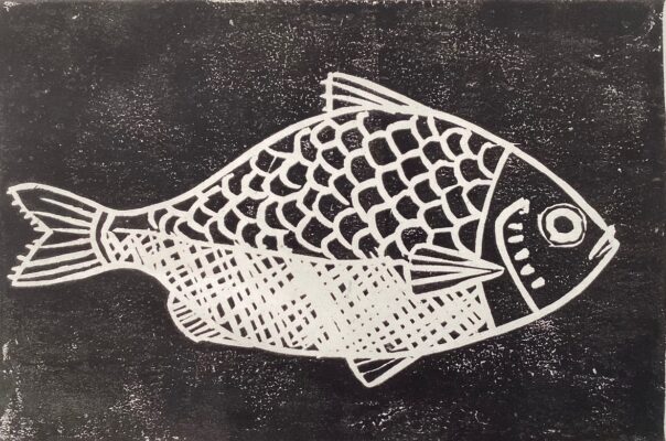 Lino cut of a fish by Emma McClure for Summer workshops, St Ives School of Painting