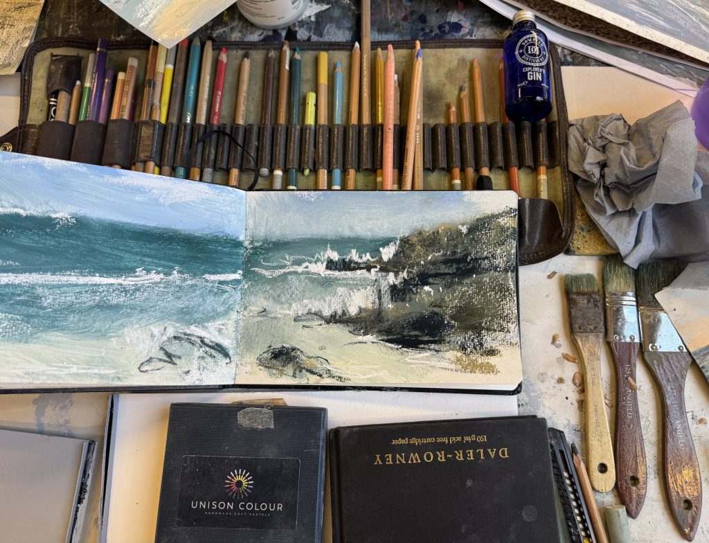 sketchbook showing work from Nina Squire's Pastel Painting Workshop in the fuller at the St Ives School of Painting