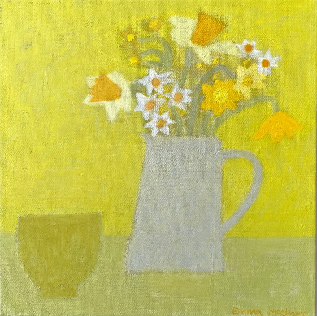 Painting vase of flowers with yellow background by Emma McClure
