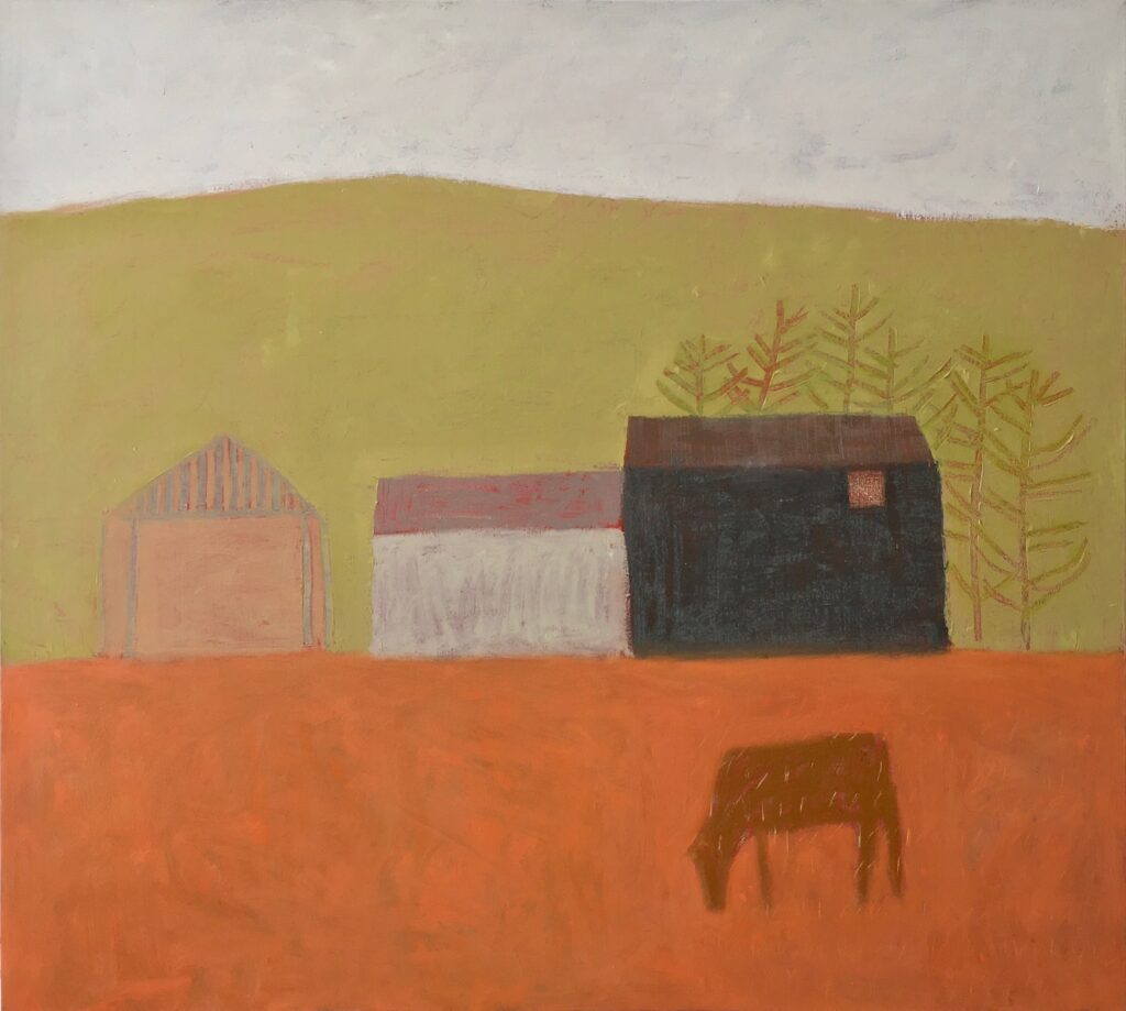 Painting of cows in an orange field by Emma McClure