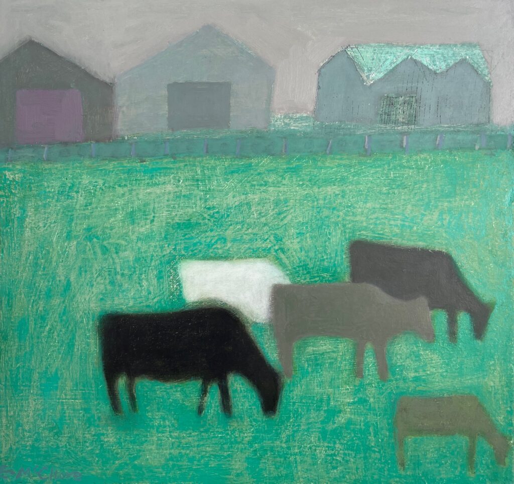 Painting of cows in a green field by Emma McClure