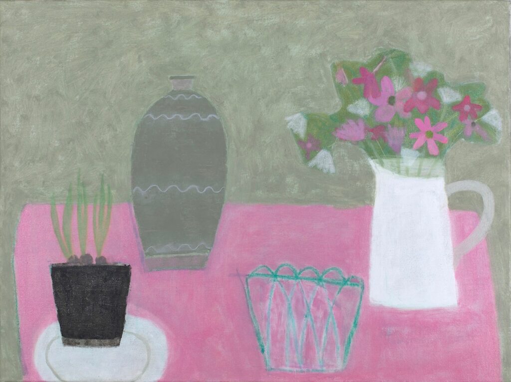 Painting of a vase of flowers on a pink table by Emma McClure