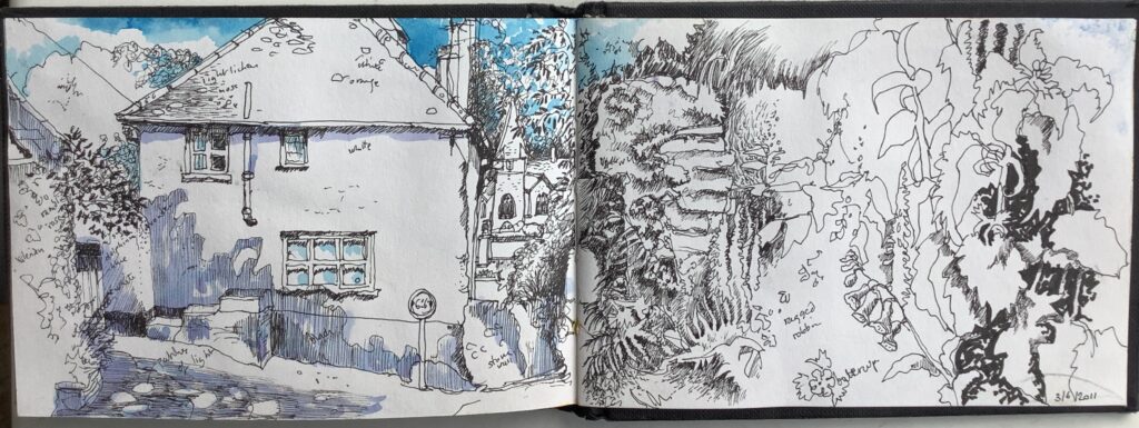pen and ink wash in a sketchbook, house with foliage by Hilary Jean-Gibson