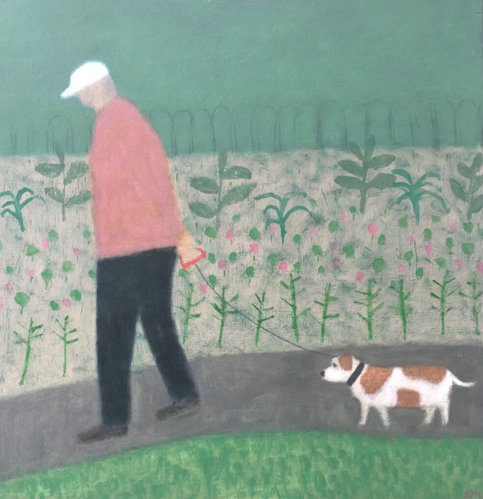 Painting of figure walking a dog by Emma McClure