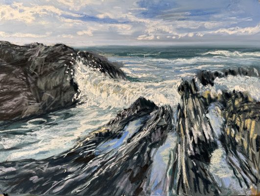 Nina Squire's pastel painting of rocks and sea foam