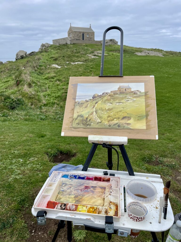 painting en plein air with David Webb at the Island, St Ives for new online watercolour painting course at the st ives school of painting