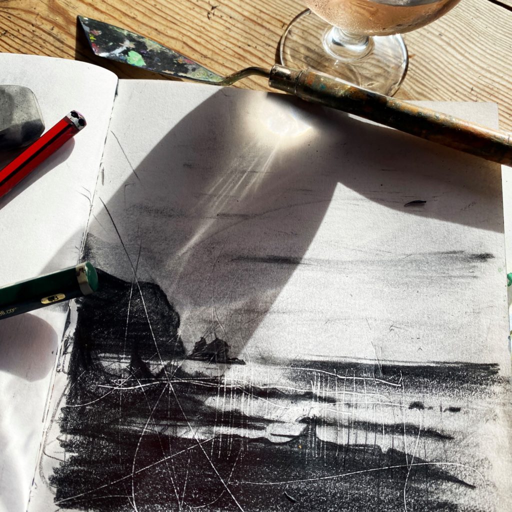 Kieran Stiles visual thinking art course charcoal seascape in a scketchbook