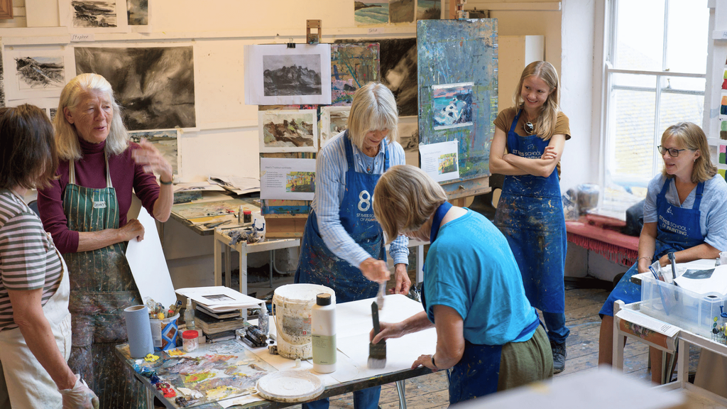 a group of students on an artist retreat at st ives school of painting