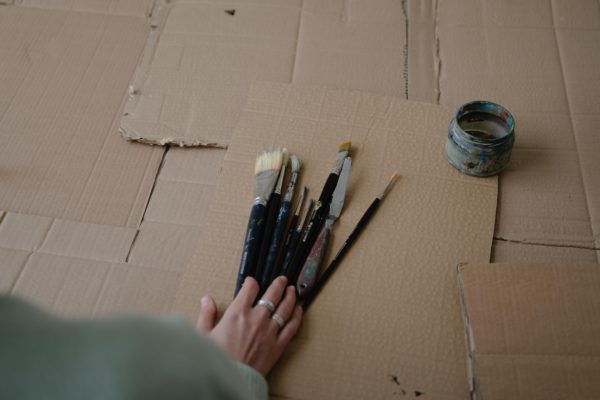 Paint brushes on cardboard ready for painting at home