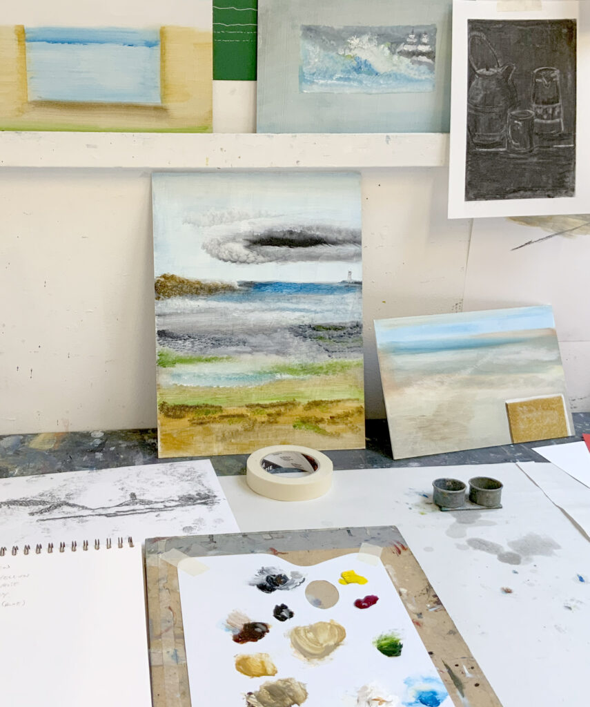 table set up for the approaching painting course with Liz Luckwell and Marion Taylor
