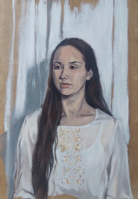 Felicitus by Emily Roberts, Portrait of a lady in white dress, oil painting