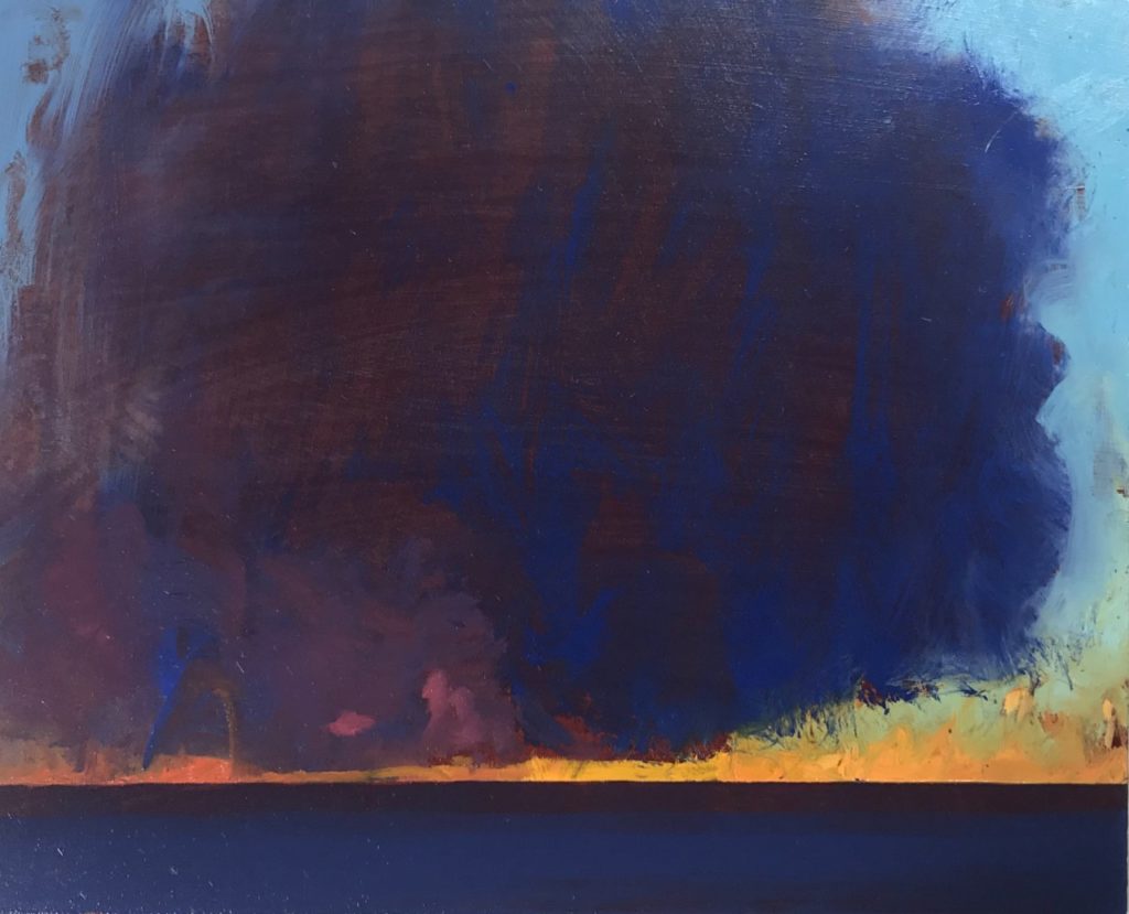 Deep blue twilight sky painting by artist Tom Rickman for online art class Painting in oils.