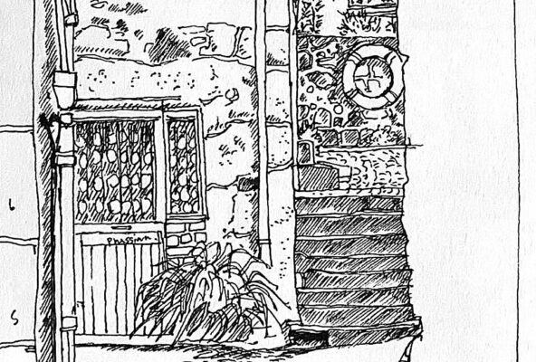 Black pen drawing of streets of St Ives, by Hilary Jean Gibson
