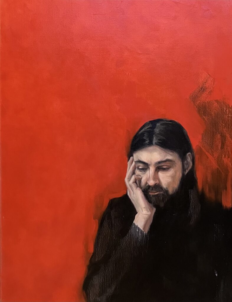 portrait of a man with red background by Emily Roberts