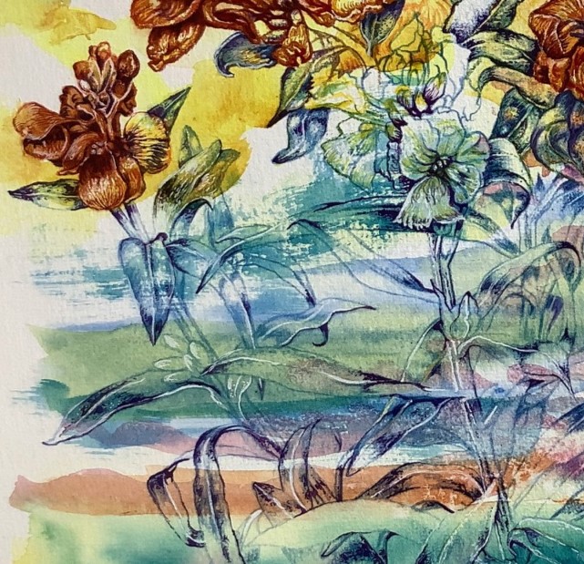 Watercolour by Hilary Jean-Gibson flowers on expressive background