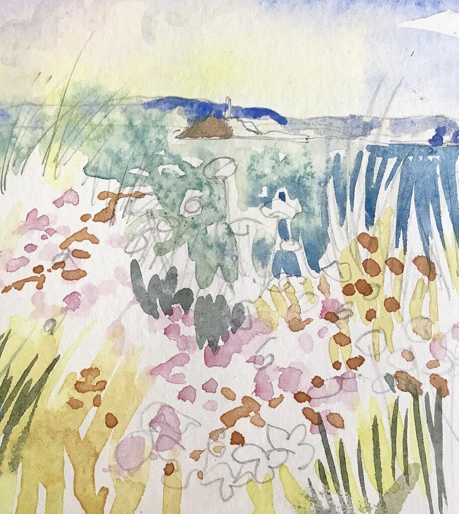 watercolour painting of flora scene by coast by Hilary Jean-Gibson