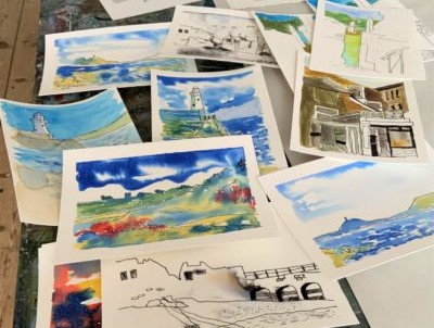 postcards line and wash technique