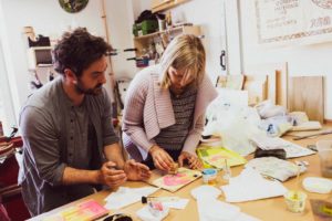 student with printmaker Adrian Holmes japanese woodblock printmaking course