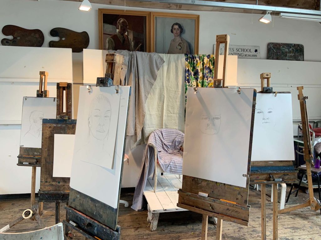 drawing portrait in famous artist studio using easels in st ives