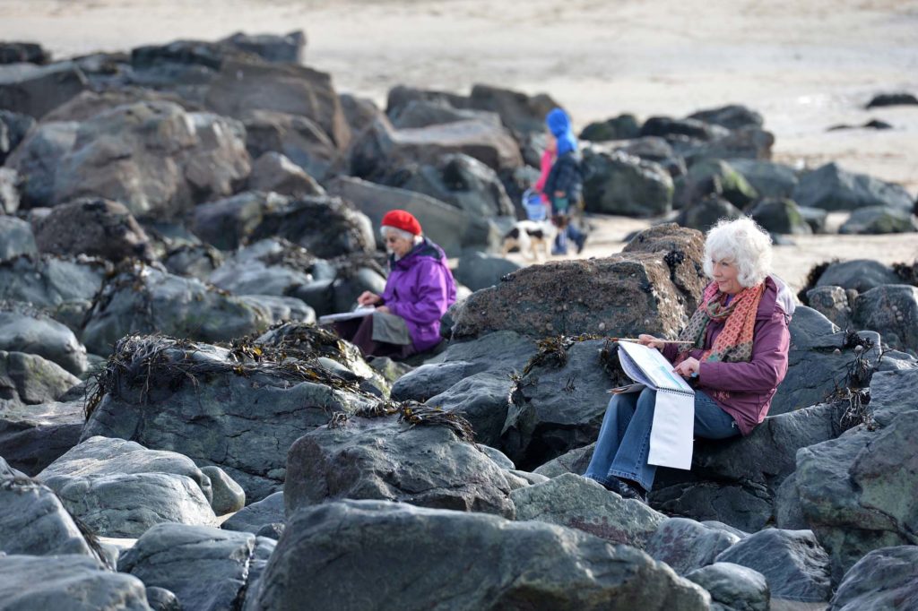 students on beach watercolour painting St Ives Cornwall